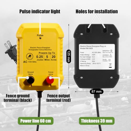 Electric Fence Kit, 5 Mile 110 VAC 0.25 J Fence Charger, 656 ft Polywire - size: 656FT, style: 0.25J