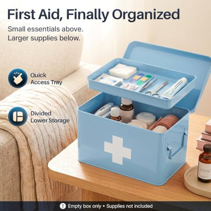 Flexzion Large Metal First Aid Box Empty, 13-Inch, Blue with White Cross - color: Blue, size: 13 Inch without Latch Lock