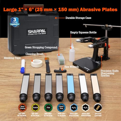 SHARPAL 202H Precision Knife Sharpening System, Adjustable Angle 10–35° | Knife Sharpener Kit, 7 Abrasive Plates (Diamond 220/325/600/1000, Whetstone 3000/6000, Leather Strop) and Giftable Carry Case