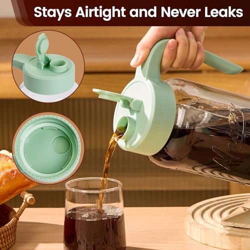 Cold Brew Coffee Maker Glass, 64 oz Mason Jar Pitcher | Airtight, Leakproof, Fridge Safe, Dishwasher Safety, Ergonomic Handle, Pour Spout Lid, for Iced Coffee, Lemonade, Ice Tea - color: Green, size: 64 Ounces