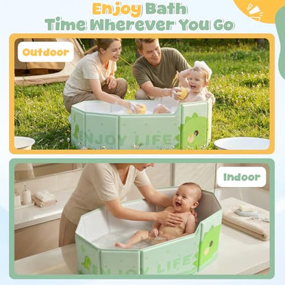 Orzbow Portable Toddler Bathtub with Temperature Sticker & Side Drain Plug | Collapsible Baby Bath Tub for Infant Kids 6 Months+ Travel, Easy to Clean, Stable & Durable, Fold to Space-Saving, Green