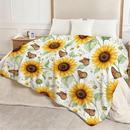 Sunflower and Butterfly Blanket Soft Throw Blanket 60" x 80" - color: Sunflower and Monarch Butterfly, size: 60"x80"