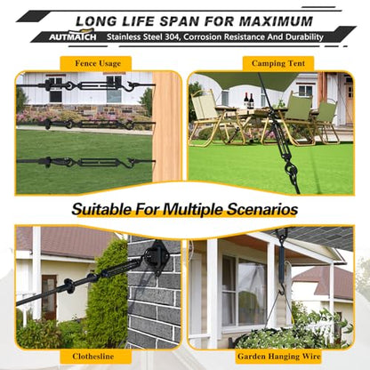 AUTMATCH M6 Hook & Eye Turnbuckle - 304 Stainless Steel Wire Rope Tensioner | Adjustable Turnbuckle for Cable Railing, Fence & Shade Sail Hardware, Wire Rope Tension Kit, 6-Pack, Black - color: Black Tone - Hook & Eye, size: M6