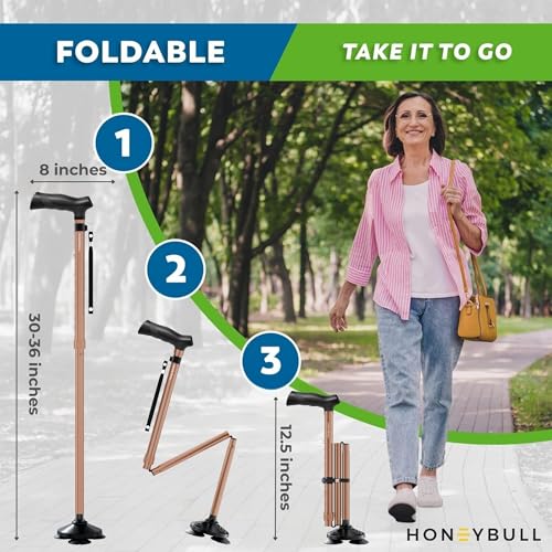 HONEYBULL Walking Cane for Men & Women, Foldable, Free Standing Cane - color: Copper