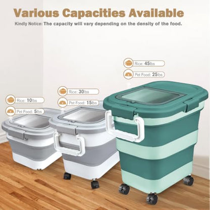 Komzon Rice Storage Container10-40 Lb, 25 Lb Pet Dog Food Storage Container, Collapsible Airtight Rice Storage Container, Rice Dispenser Bin with Cup and Scoop for Flour Cereal Pasta Grain, Cat Bird - size: 15-40 Lbs