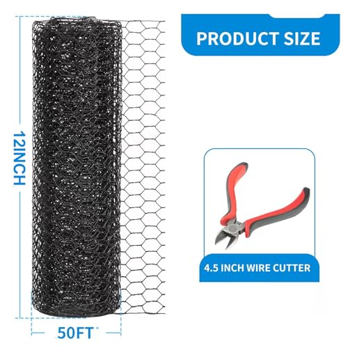 1/2 Inch Black Wire Mesh Roll - 12'' x 50' Chicken Wire Fence, 20 Gauge Hardware Cloth Poultry Netting for Garden/Animal Barrier/Rabbit/Floral/Chicken Coop/DIY Projects - size: 20 Gauge-1/2 Inch-12'' x 50'
