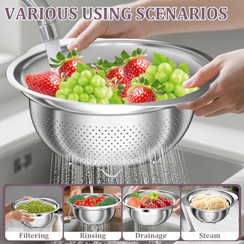 Stainless Steel Colander - 3QT Medium Capacity Strainer with Handle, Kitchen Food Strainer Basket for Washing Vegetables, Fruits, Rice, and Pasta, Kitchen Present for Women - color: Silver