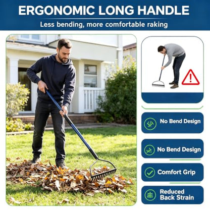 WIKER Heavy Duty Steel Garden Rake, 57 Inch Fiberglass Long Handle with 14 Tempered Tines, One-Piece Non-Slip Yard Rake for Soil, Gravel, Leaves, Gardening & Landscaping
