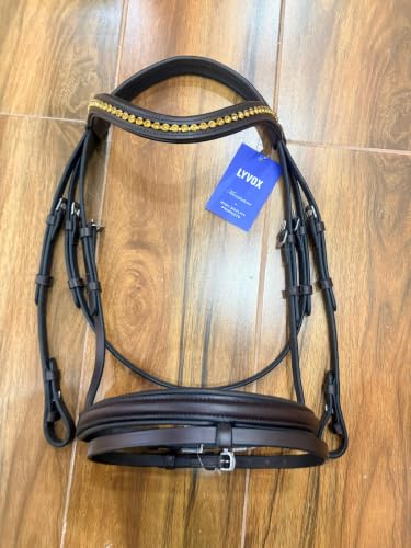 Horse Jumping Leather Bridle with Web Reins | Premium Genuine Leather English Bridle | Padded Browband & Noseband | Stainless Steel Buckles | Dark Brown Size Full - color: Havana Brown -Gold Crystal