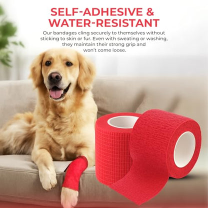 JorVet 2" x 5 Yards Cohesive Bandages | Fun Self-Adhesive Wrap for Animal Wound | Easy Tear, No Scissors Needed | Individually Wrapped Vet Tape, Secure & Flexible | Brilliant Red | Pack of 12