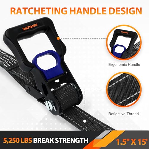 A ANTELOPE 4 Pack 1.5" x 15' Ratchet Tie Down Straps with S Hooks, Black - color: Black, size: 4PK-1.5in