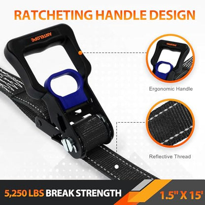 A ANTELOPE 4 Pack 1.5" x 15' Ratchet Tie Down Straps with S Hooks, Black - color: Black, size: 4PK-1.5in