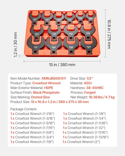 VEVOR Crowfoot Wrench Set, 1/2" Drive, 14-Piece SAE 1-1/16" to 2" Crows Foot Wrenches, with Storage Tray, Dual Size Markings on Tools and Tray, for Auto Maintenance or Repairs - size: 1/2" 14 PCS Black