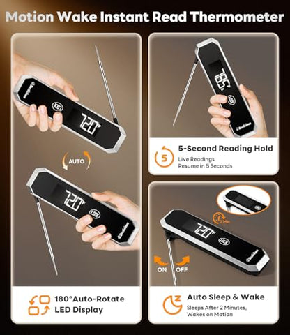 LockView FM151 Meat Thermometer with Temp Lock & Auto-Resume, Multi-Tested 0.5 Sec Instant Read Digital Probe, IP67 Waterproof 18/8 Stainless Steel for Cooking, Grilling, BBQ, Smoker, Candy, Black
