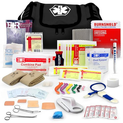 Fully Stocked Trauma First Aid Kit – First Responder II Bag with Tools, Gauze, Bandages, Scissors & Gloves – Compact & Portable – OSHA and ANSI Compliant – Black - color: Black