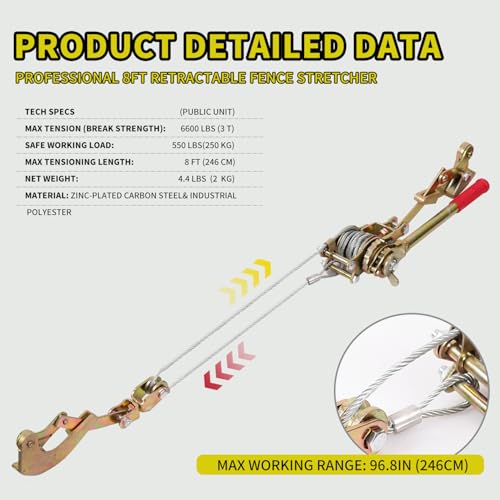 Upgraded Fence Wire Tensioner, Retractable Ratchet-Style Wire Tensioner and Tensioning Tool, Compatible with All Wire Types, 4,400 lbs Tensile Strength, Heavy-Duty Steel Construction
