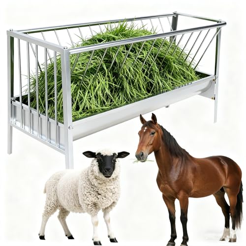 96 Gallon Goat Hay Feeder, 5 Ft Hay Feeder with 30 Gallon Feed Pan, All Steel Frame Hay Feeder, Pasture Feeder Powder Coated Surface Steel Feeding Goats, Cow, Horse for Farms (Stainless Steel) - color: Stainless steel
