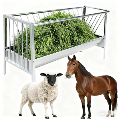 96 Gallon Goat Hay Feeder, 5 Ft Hay Feeder with 30 Gallon Feed Pan, All Steel Frame Hay Feeder, Pasture Feeder Powder Coated Surface Steel Feeding Goats, Cow, Horse for Farms (Stainless Steel) - color: Stainless steel