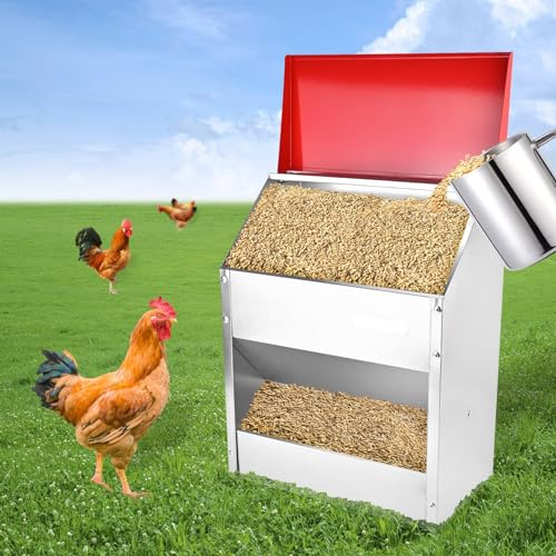 shengyi 11.5-55lbs Galvanized Chicken Feeder - Rat Proof Poultry Feeder with Lid Weatherproof Outdoor Coop Food Dispenser (50lbs 13.8x8.3x24.8in)