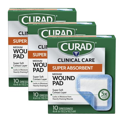 Curad Super Absorbent Wound Pad, Medium, 4" x 4", 10 Count, 3 Pack - size: 4" X 4", style: 3 Pack