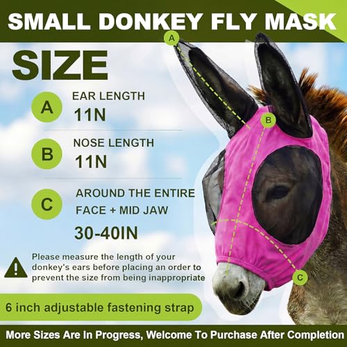 Mini Donkey Fly Mask with Ears Protection, Stretchy Mule Mask with Big Mesh Eye Covers, Soft on Skin, Comfortable Breathable Protection from Insects and Bugs - color: Rose Pink, size: Mini