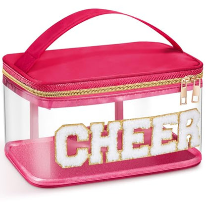 Geetery Medicine Pill Bag Clear Cosmetic Makeup Bag with Zipper Hot Pink | Transparent PVC with Nylon Trim, Chenille Cheer Patch, Portable Travel Organizer for Pills Cosmetics, Gold Zipper - color: Hot Pink, style: Cheer