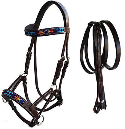 CHALLENGER Horse Western Leather Tack Beaded Bitless Sidepull Bridle Reins Brown 77RS16 - color: Brown/Beaded