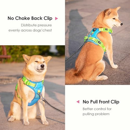 PHOEPET No Pull Dog Harness, Unique Colors Reflective Adjustable Dog Vest - color: Blue Base & Green Straps, size: Large