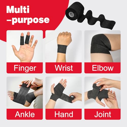 AZEN 8 Pack Self Adhesive Bandage Wrap, 2" X 5 Yards Elastic Cohesive Bandage Wrap, Black Athletic Tape, Vet Wrap, Ankle Tape, Tattoo Grip Tape Wrap - color: Black