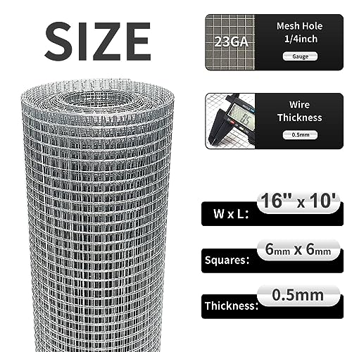 Hardware Cloth 16'' x 10' 1/4 in Galvanized Wire Mesh Roll (23 GA) Chicken Wire Fence Roll for Chicken Pen/coop Fences, Screen mesh, Rabbit/Snake Fences, Poultry enclosures, Handicraft Making, etc. - size: 16In x 10Ft