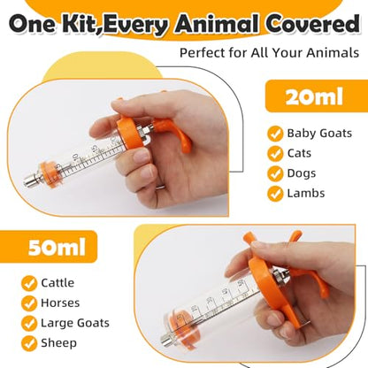 2 PCS Reusable Drench Syringe,With 2 Drench Nozzle Adjustable Dosage And 10 Needles,for Goat,Horse,Sheep ,Dog,Pig, Cat Feeding Supplies(20ML,50ML)