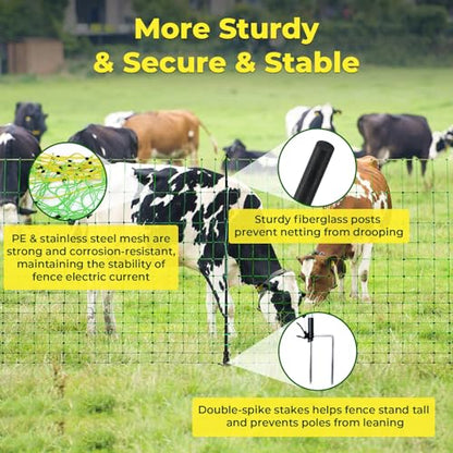 Electric Fence Netting, 164'L x 49.6" H, for Livestock, Goat, Cattle, Sheep