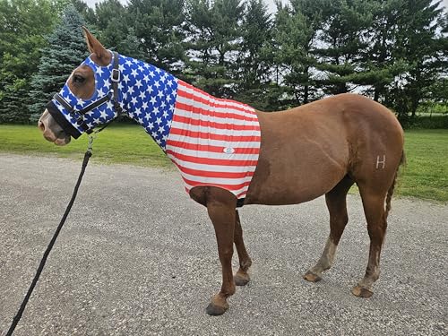 Derby Originals Stars & Stripes Lycra Horse Sleazy Hood with Zipper, Fleece Noseband, Belly Strap – Stretch Neck Cover for Average Horses, Great for Shows & Parades (72"-76")
