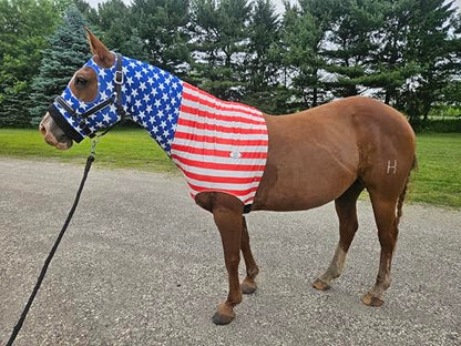 Derby Originals Stars & Stripes Lycra Horse Sleazy Hood with Zipper, Fleece Noseband, Belly Strap – Stretch Neck Cover for Average Horses, Great for Shows & Parades (72"-76")