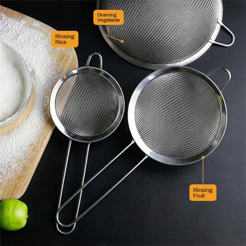 ELEEN Premium Stainless Steel Fine Mesh Strainers for Kitchen 3-Piece Set with Non-Slip Handle, Small, Medium & Large Sieves, Colanders and Sifter for Sifting, Straining, Pastas Tea, Rice Vegetables
