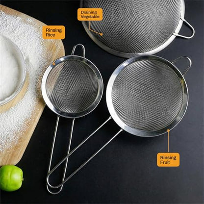 ELEEN Premium Stainless Steel Fine Mesh Strainers for Kitchen 3-Piece Set with Non-Slip Handle, Small, Medium & Large Sieves, Colanders and Sifter for Sifting, Straining, Pastas Tea, Rice Vegetables