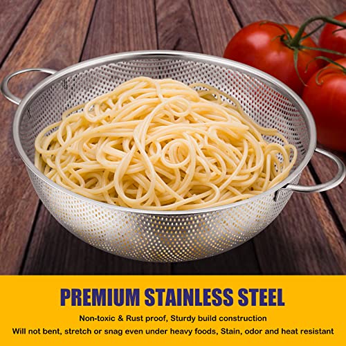 E-far Stainless Steel Colander Set of 3 (1-3-5Quart), Micro-Perforated Metal Colander Strainer with Handle for Kitchen/Draining Pasta/Rinsing Vegetables Fruits, Heavy Duty & Dishwasher Safe - size: 1 + 3 + 5 QT