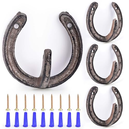 CAPHONT 4 Pcs Cast Iron Horseshoe Wall Hooks Coat Hooks Heavy Duty Vintage Hanger for Hanging Coat Hat Bags Key Towel (Rust) - color: Rust