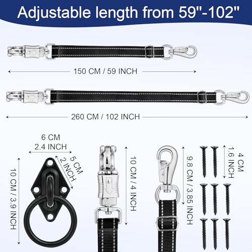 Heavy-Duty Cross Ties for Horses - Adjustable Nylon Horse Trailer Ties with Strong Panic Snap & Bull Snap (59"-102"), Set with 2 Pack Tie Rings & 8 Matching Screws (Black)