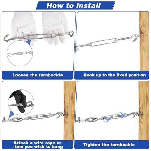 TooTaci 10PCS M8 Turnbuckle, 304 Stainless Steel Turnbuckle Hook and Eye | Turnbuckle Wire Tensioner, 440 lb Heavy Duty Adjustable Turnbuckles for Cables Wire, Cable Tightener, Trampoline, Tent, Tarps - size: M8 OC-10Pcs
