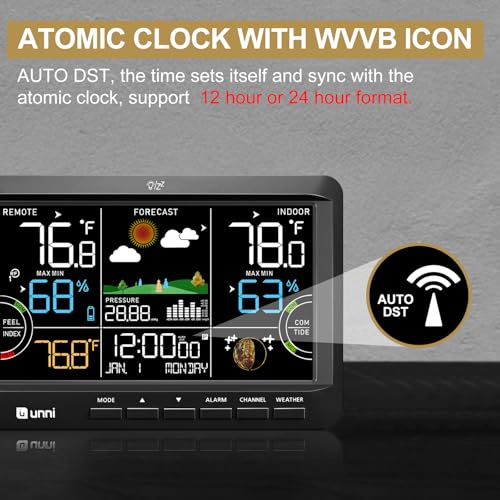 Weather Station Indoor Outdoor Thermometer Wireless Atomic Clock Black | Home Atomic Clock Large Constant Display, Inside Outside Temperature Humidity Monitor, Dew Heat Point, Barometer - color: Black