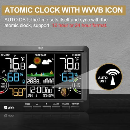 Weather Station Indoor Outdoor Thermometer Wireless Atomic Clock Black | Home Atomic Clock Large Constant Display, Inside Outside Temperature Humidity Monitor, Dew Heat Point, Barometer - color: Black