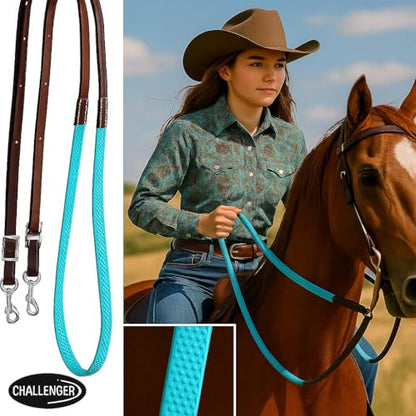 CHALLENGER Horse Western 8' Tan Leather Rubber Grip Contest Barrel Reins Black 805LR11BK - color: Brown/Teal