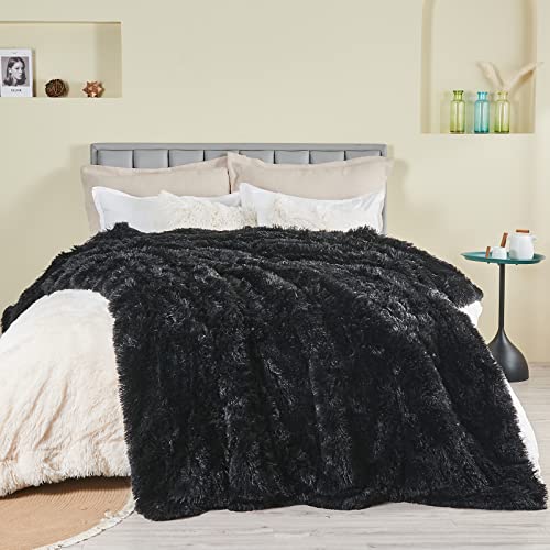 GONAAP Fuzzy Faux Fur Queen Blanket for Couch, Black, 90"x90" - color: Black, size: Queen(90"x90")