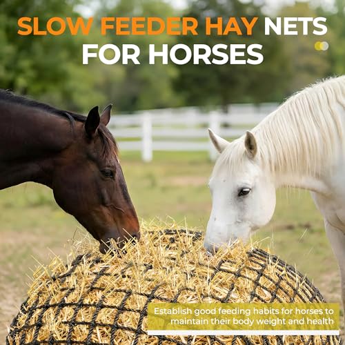 FRUITEAM 6 * 6 ft Round Bale Hay Net for Horses, Round Bale Feeder with 2 inch Hole, Hay Nets for Horses, Goats and Cattles, Knotless Design - Mouth-Safe for Horses with Repair Tool