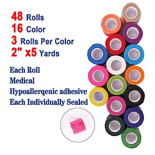 48 Pack 2” x 5 Yards Self Adhesive Bandage Wrap Athletic Elastic Breathable Cohesive Bandage Wrap Rolls for Stretch, Sports, First Aid, Wrist, Ankle Sprains, Swelling, Vet Wrap - color: Multi-color