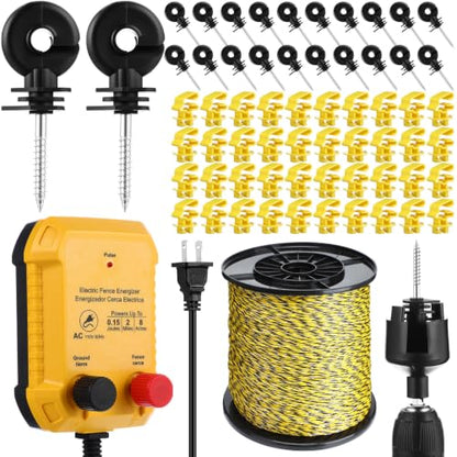Electric Fence Kit, 2 Mile 110 VAC 0.15 J Fence Charger, 3366 ft Polywire - size: 3366FT, style: 0.15J
