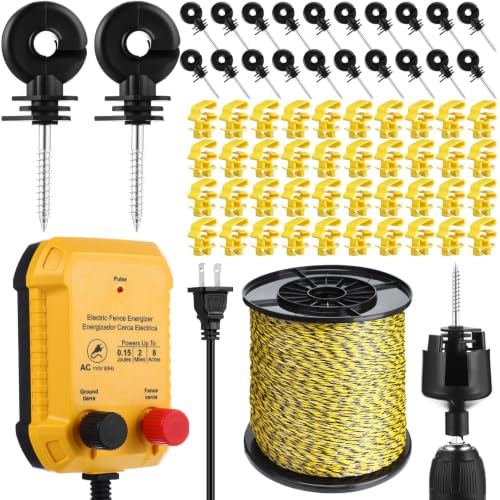 Electric Fence Kit, 2 Mile 110 VAC 0.15 J Fence Charger, 3366 ft Polywire - size: 3366FT, style: 0.15J