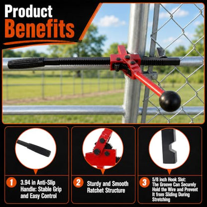 Chain Link Fence Stretcher Tool, Heavy Duty Ratcheting Wire Fence Puller | , 9 Inch Travel, Tilted Base with Deep Groove Hook, Easy One Person Operation for Chain Link Barbed Woven Wire Fence Repair