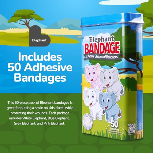BioSwiss Bandages, Elephant Shaped Self Adhesive Bandage, Latex Free, Sterile Wound Care, 50 Count - size: 50-Count Tin, style: Elephant